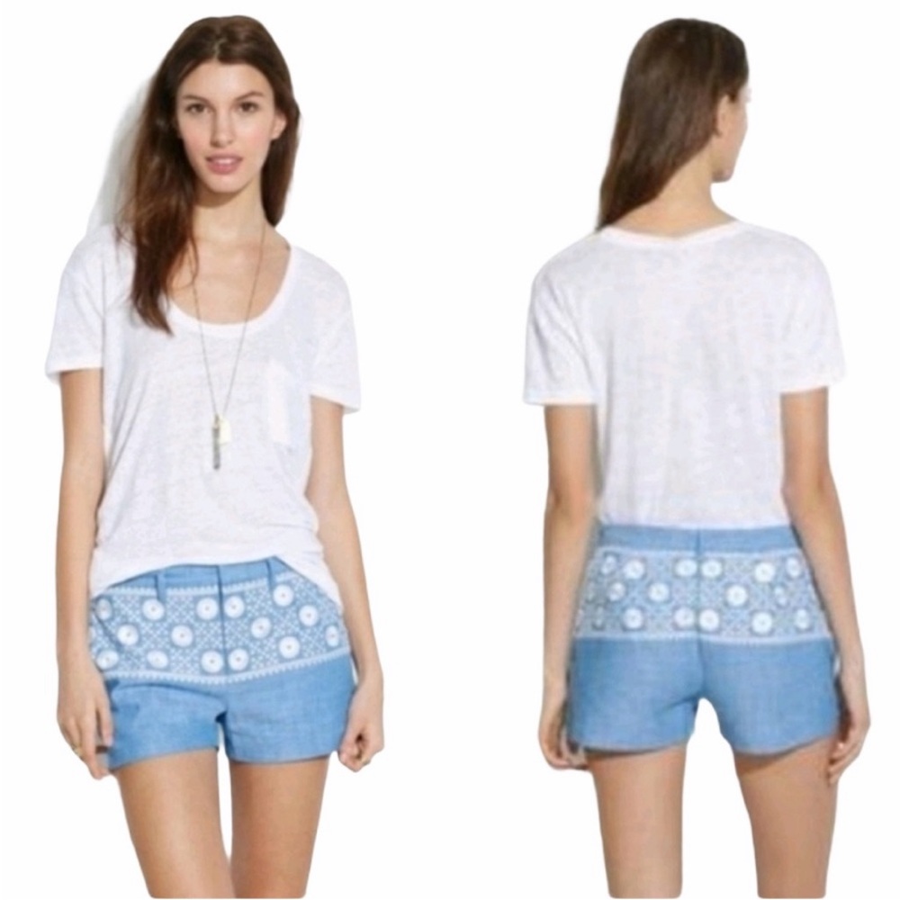 NWT Madewell Cotton Chambray Shorts Blue Embroidered Sunstitch Women Size 4